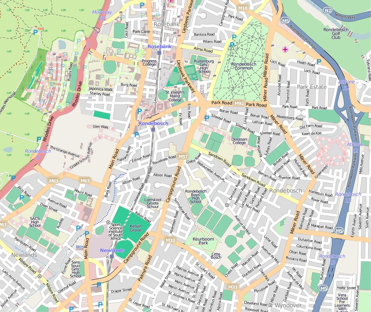 แผนที่ของ rondebosch ผ้าคลุมเมือง