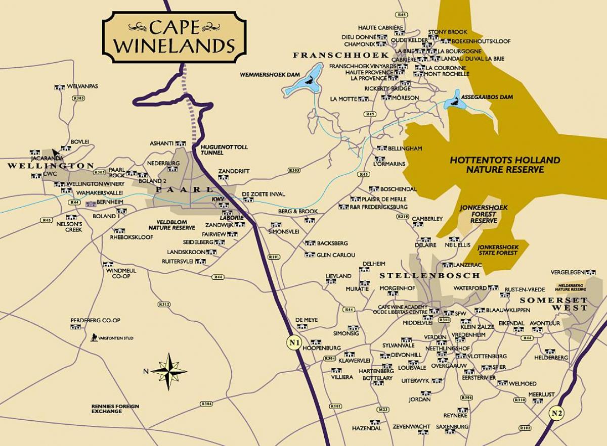 แผนที่ของ winelands ผ้าคลุมเมือง